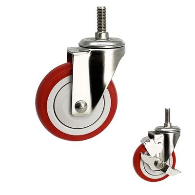 Customize Stainless Castor Wheels 4" Soft Red Wheel Medium Duty PU Threaded Stem Total Lock Casters