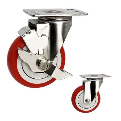 Waterproof Stainless Steel Casters 3 Inch Red PU Side Brake SS Castors