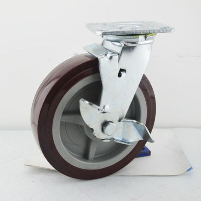 Industrial Trolley Castor Wheels Heavy Duty 8 Inch Red PU Wheel With Side Brake Soft Swivel Plate