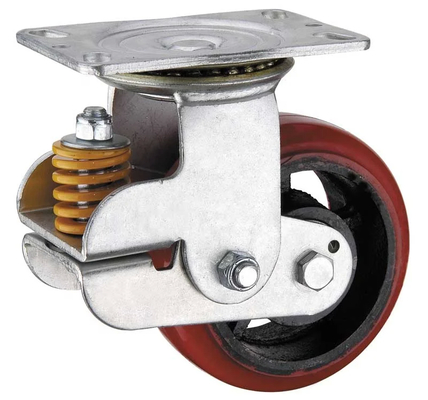 Heavy Duty Red Polyurethane Casters 144mm Length Zinc Painted Dual Ball Bearings
