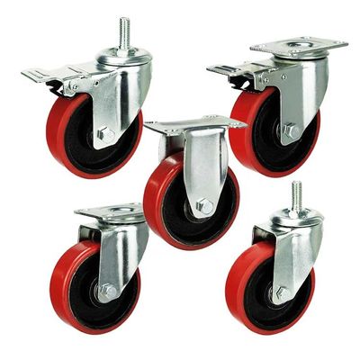 Red Iron Core PU 100mm Medium Duty Casters With Dual Brake