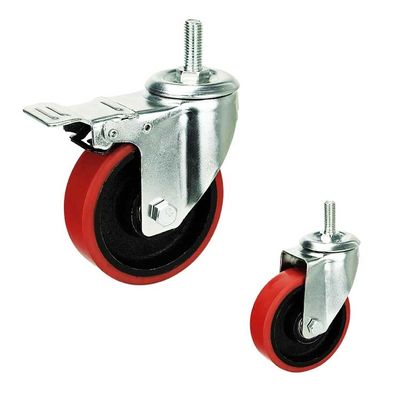 Red Iron Core PU 100mm Medium Duty Casters With Dual Brake
