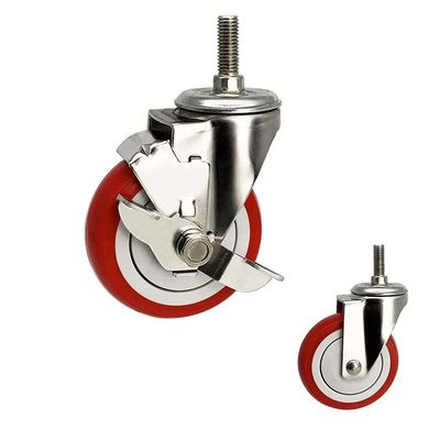 Customize Stainless Castor Wheels 4" Soft Red Wheel Medium Duty PU Threaded Stem Total Lock Casters
