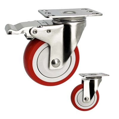 5 Inch Medium Duty Red PU Swivel Locking Stainless Steel Casters With Dust Covers